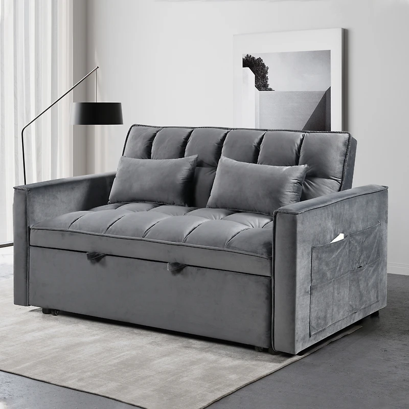 Streamdale Furniture Modern flannel double sofa with folding bed, small double sofa with three in one convertible sofa bed, adjustable backrest and st