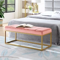 Modern Tufted Channel Entryway Bench Emerald Velvet Upholstered End of Bed Bench with Metal Frame, Footboard Bench for Living Room
