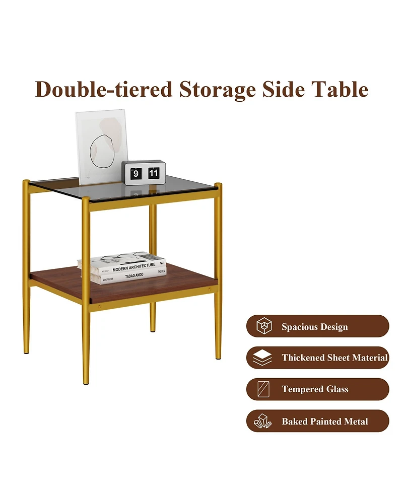 Streamdale Furniture Set of 2 Rectangle End Table, Tempered Glass Tabletop with Mdf layer, Modern Table for Living Room, Gray Glass
