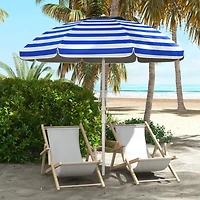 5.7' Portable Beach Umbrella with Tilt, Adjustable Height, 2 Cup Holders & Hooks, Uv 40+ Ruffled Outdoor Umbrella with Vented Canopy, Blue White Strip