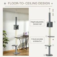 85.5" Cat Tree Height Adjustable Floor-to-Ceiling 4-Tier Kitty Climbing Activity Center Condo Cat Toy with Scratching Post Hanging Balls Play Res