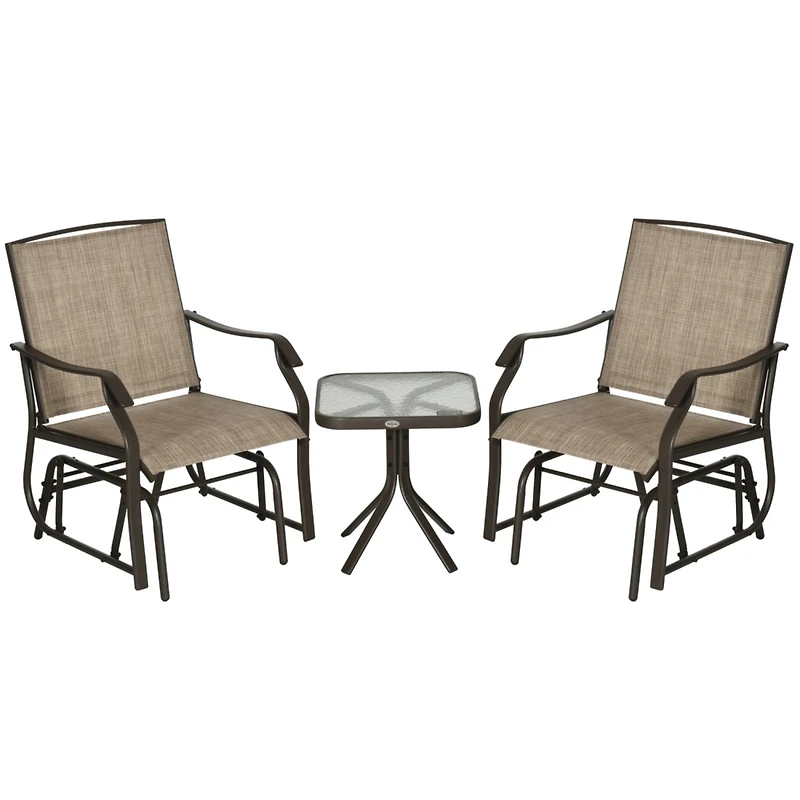 3 Piece Outdoor Glider Chair with Coffee Table Bistro Set, 2 Patio Rocking Swing Chairs with Breathable Sling Fabric, Glass Tabletop, for Backyard, Ga