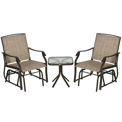 3 Piece Outdoor Glider Chair with Coffee Table Bistro Set, 2 Patio Rocking Swing Chairs with Breathable Sling Fabric, Glass Tabletop, for Backyard, Ga