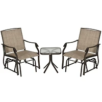 3 Piece Outdoor Glider Chair with Coffee Table Bistro Set, 2 Patio Rocking Swing Chairs with Breathable Sling Fabric, Glass Tabletop, for Backyard, Ga