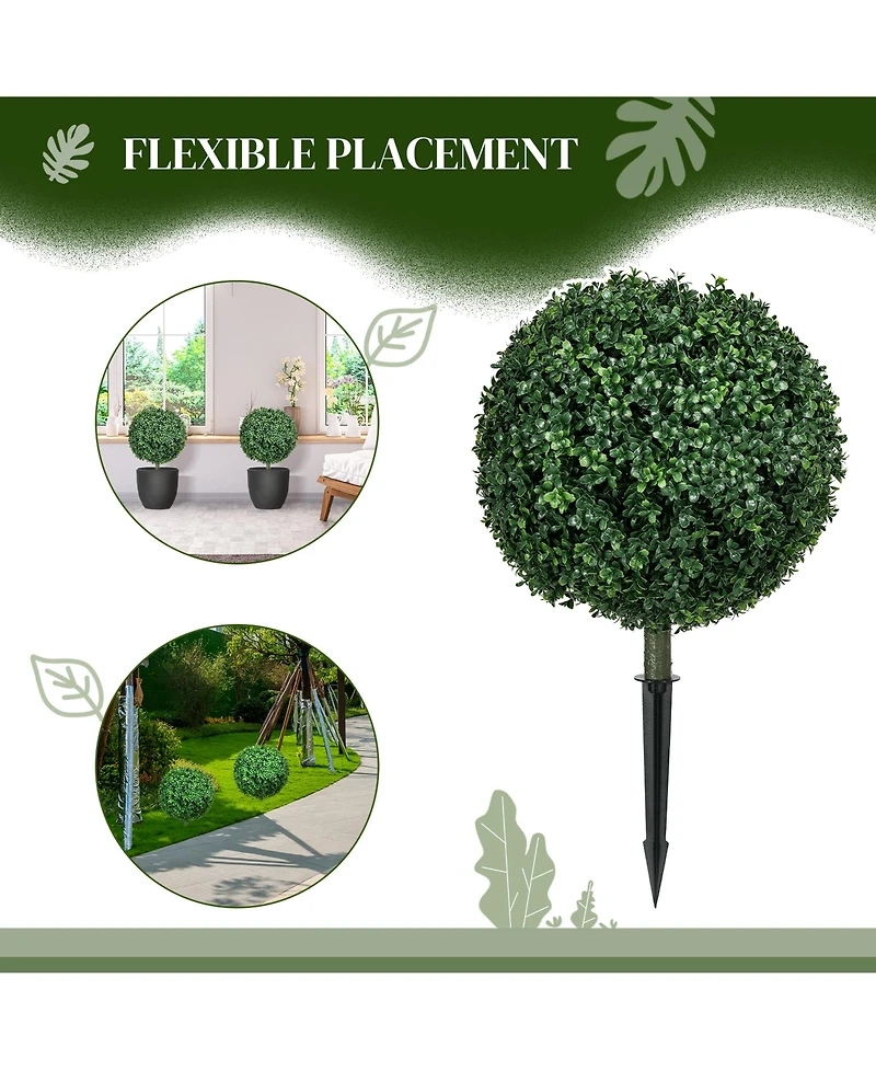 1.3' (15.7") Artificial Boxwood Topiary Trees with Ground Stake, Uv Resistant Set of 2 Ball Shaped Trees, Indoor Outdoor Fake Plants for Home Off