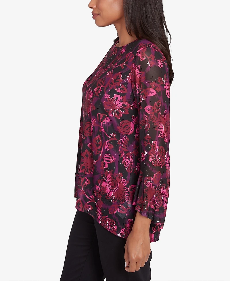Ruby Rd. Petite Foiled Floral Mesh Crew Neck Blouse
