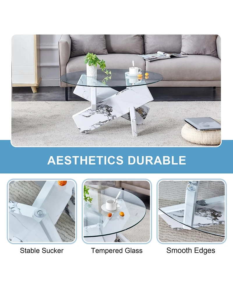 Streamdale Furniture Round glass coffee table, 33.4" modern design unique coffee table. Tempered glass countertop with white patterned Mdf legs. Suita