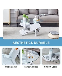 Streamdale Furniture Round glass coffee table, 33.4" modern design unique coffee table. Tempered glass countertop with white patterned Mdf legs. Suita