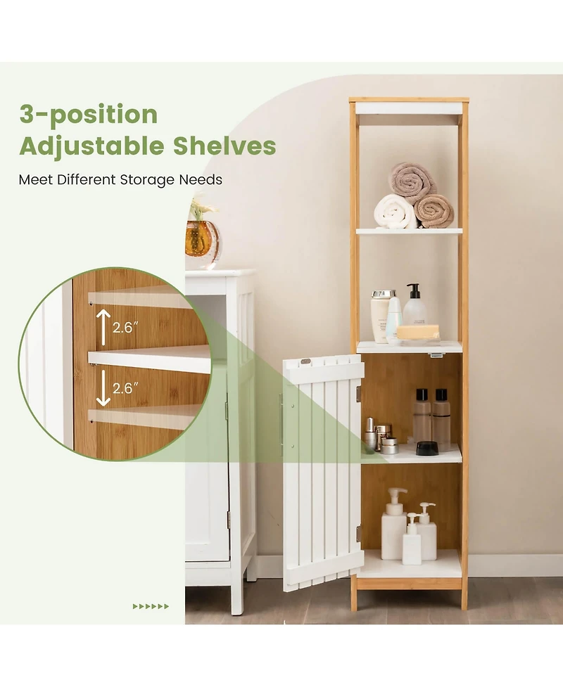 Gymax Tall Bathroom Floor Cabinet Bamboo Bathroom Storage w/Adjustable Shelf &Cupboard