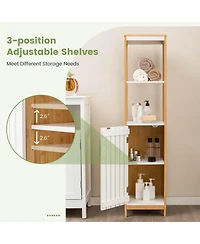 Gymax Tall Bathroom Floor Cabinet Bamboo Bathroom Storage w/Adjustable Shelf &Cupboard