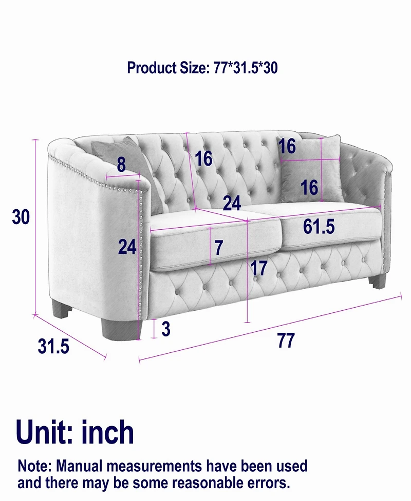 Simplie Fun 77-Inch Modern Chesterfield Velvet Sofa, 3-Seater Sofa, Upholstered Tufted Backrests with Nailhead Arms and 2 Cushions for Living Room, Be