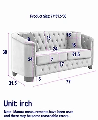 Simplie Fun 77-Inch Modern Chesterfield Velvet Sofa, 3-Seater Sofa, Upholstered Tufted Backrests with Nailhead Arms and 2 Cushions for Living Room, Be