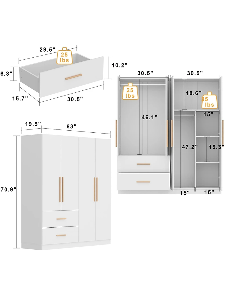 Famapy White 4-Door Big Wardrobe Armoires with Hanging Rods, 2-Drawer