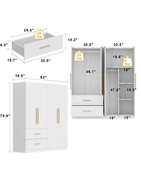Famapy White 4-Door Big Wardrobe Armoires with Hanging Rods, 2-Drawer