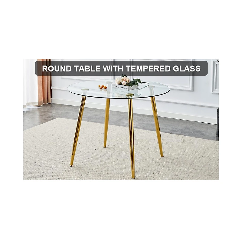 Streamdale Furniture A glass tabletop with a diameter of 40 inches and a modern minimalist circular dining table with gold plated metal legs. 40 ' 40'