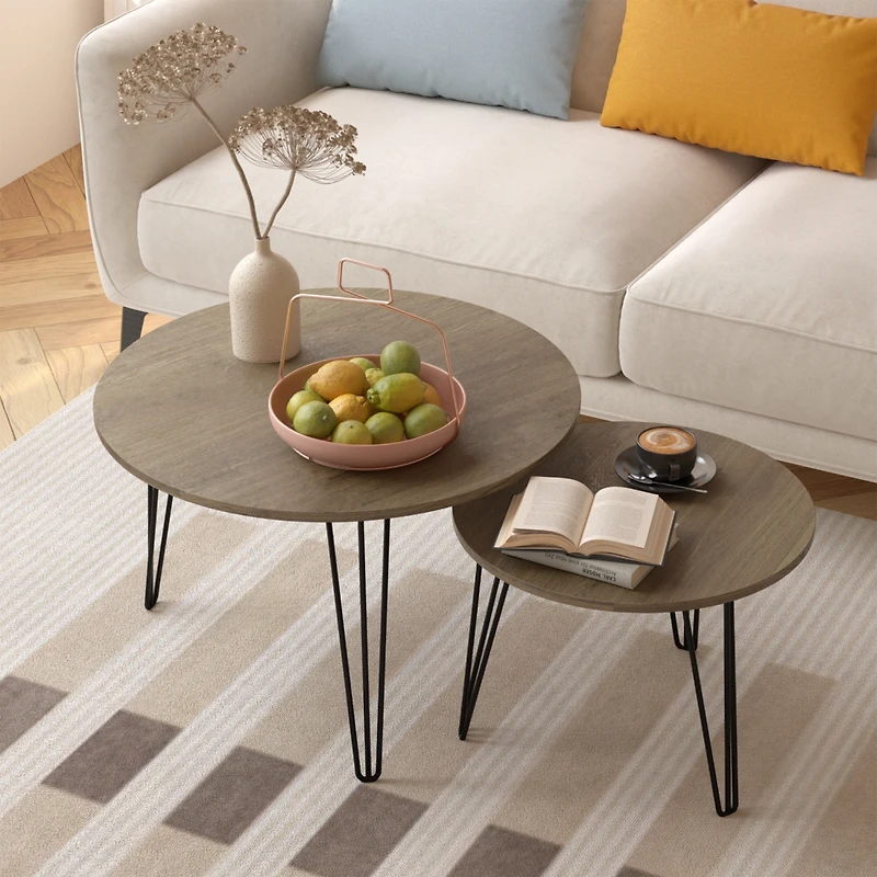 Streamdale Furniture 27.56" Round Nesting Coffee Table Set of 2, Circular Nesting End Table Set, Round Wooden Tabletop, and Sturdy Metal Base for Livi