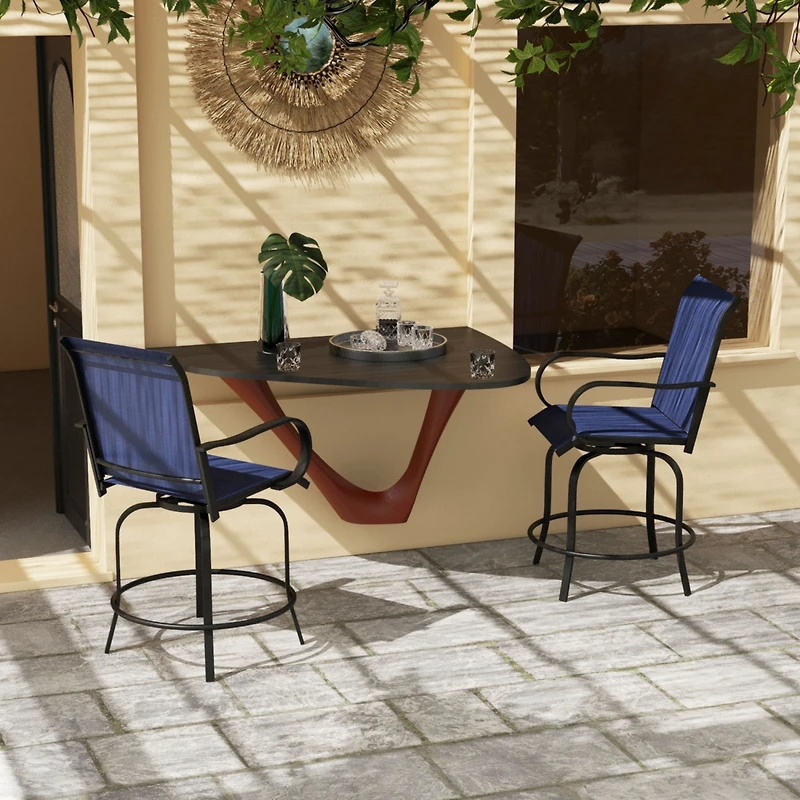 Outdoor Bar Stools with Armrests, Set of 2 360 Swivel Bar Height Patio Chairs with High-Density Mesh Fabric, Steel Frame Dining Chairs for Balcony, Po