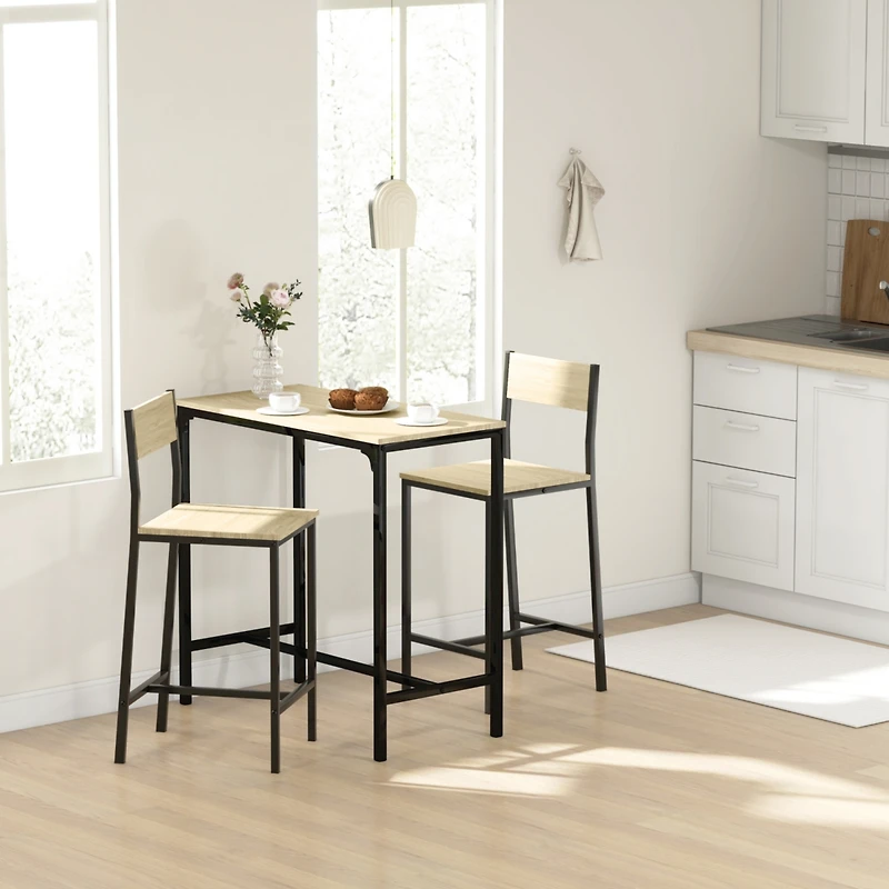 3 Piece Bar Table and Chairs, Industrial Dining Table Set for 2, Counter Height Kitchen Table with Bar Stools, Breakfast Table Set for 2 for Small Spa