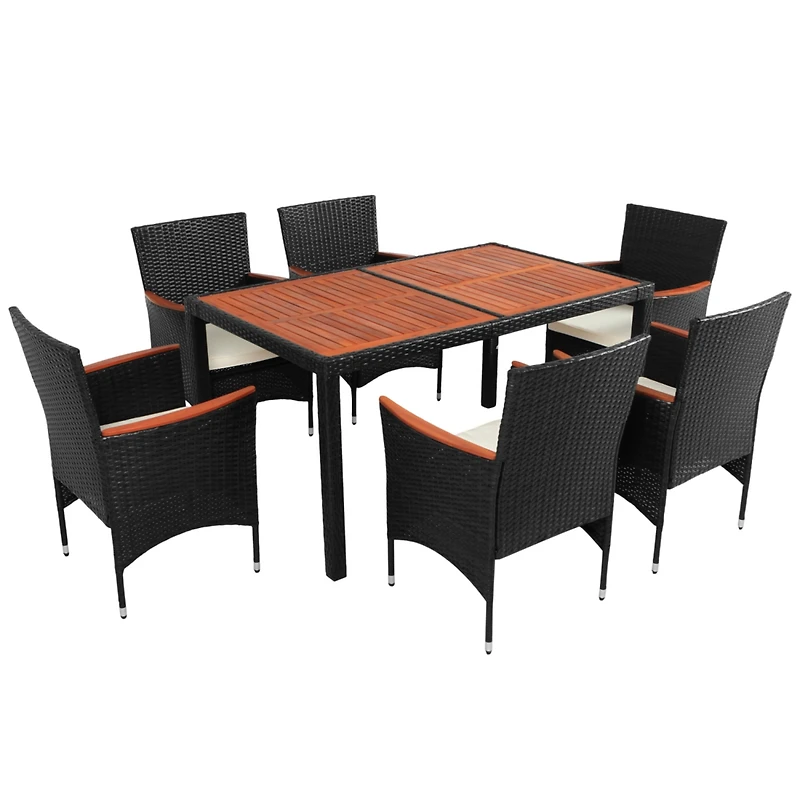 7-Piece Outdoor Patio Dining Set, Garden Pe Rattan Wicker Dining Table and Chairs Set, Acacia Wood Tabletop, Stackable Armrest Chairs with Cushions, R