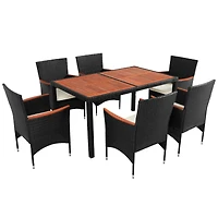 7-Piece Outdoor Patio Dining Set, Garden Pe Rattan Wicker Dining Table and Chairs Set, Acacia Wood Tabletop, Stackable Armrest Chairs with Cushions, R