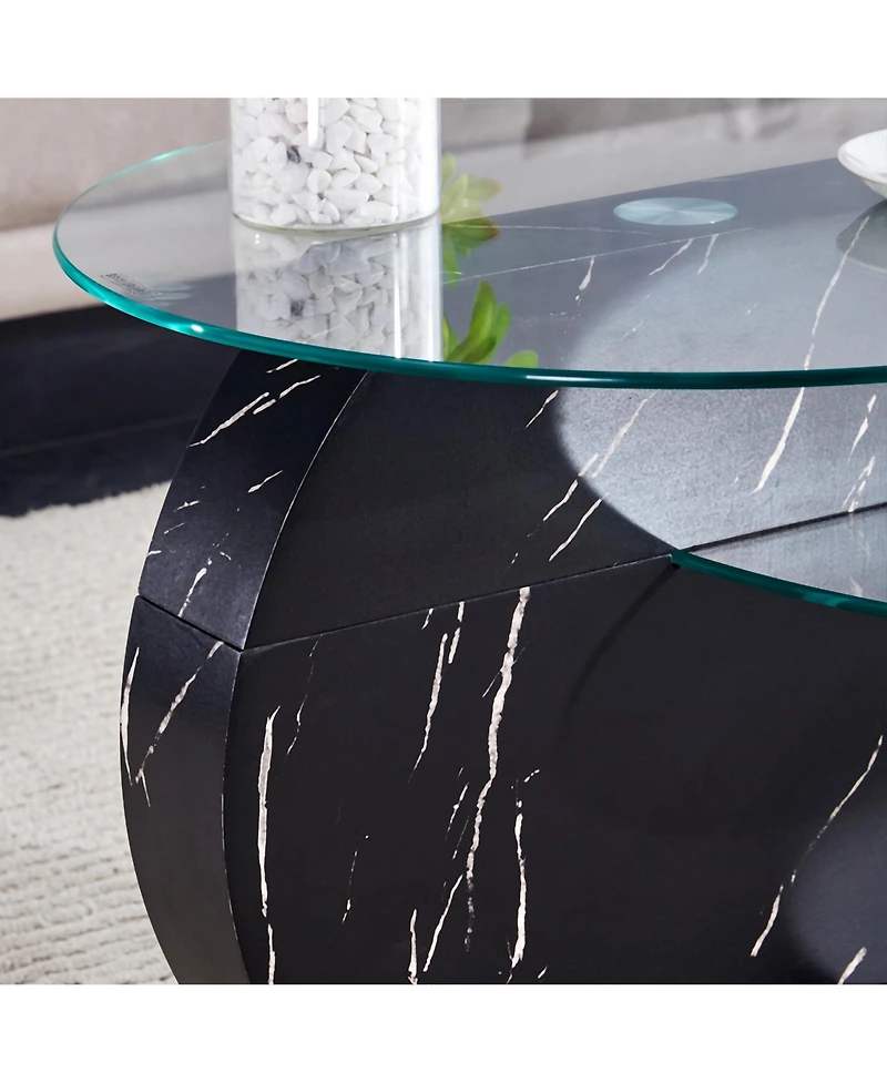 Modern and practical double-deck round table. Double storage space, made of glass tabletop and Mdf table legs. Suitable for living room and bedroom an