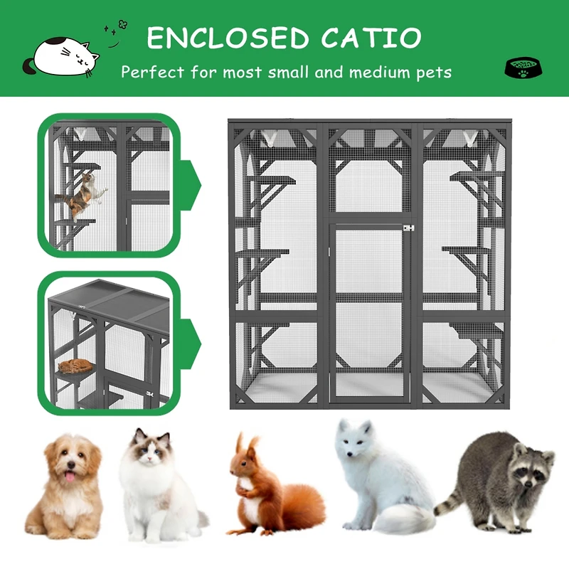 Streamdale Furniture Catio Outdoor Cat Enclosure Cat House Wooden Cat Cage Large Feral Cat Shelter for Mulitiple Cats with Six Platforms, Large Enter