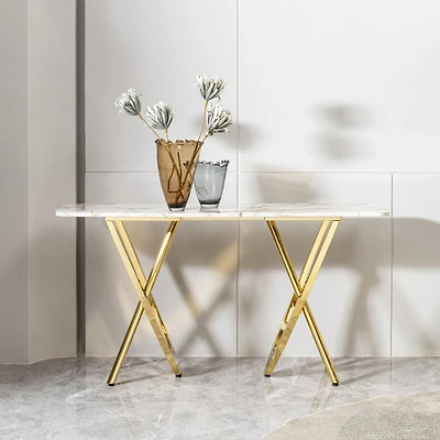 Streamdale Furniture Modern 0.78" thickness marble pattern top mirror gold stainless steel rectangle console table for living room