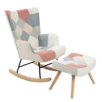 Streamdale Furniture Rocking Chair with ottoman, Mid Century Fabric Rocker Chair with Wood Legs and Patchwork Linen for Livingroom Bedroom