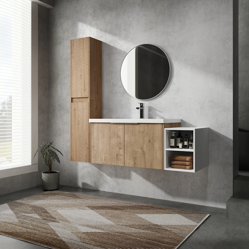 48" Wall-Mounted Bathroom Vanity With Sink and Side Cabinet, Soft Close Doors