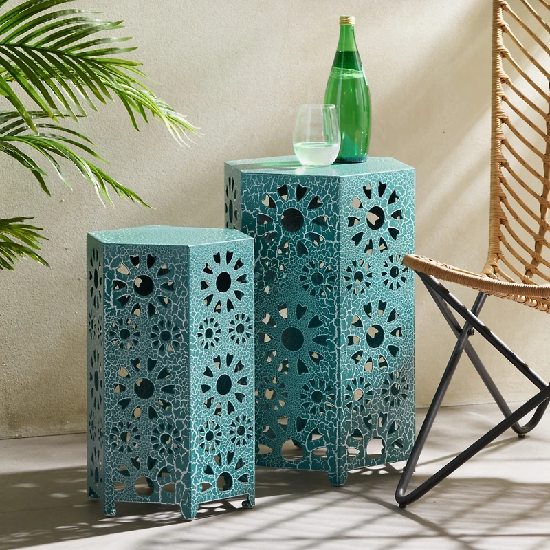 Streamdale Eliana 2-Piece Sunburst Cutout Side Table Set In Teal, Blue, Or Green