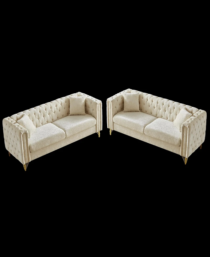 Streamdale Furniture Chenille Pull Buckle Design Sofa for Living Room, Buttons Tufted With Copper Nail Decoration Armrest, Modern Couch Upholstered Bu