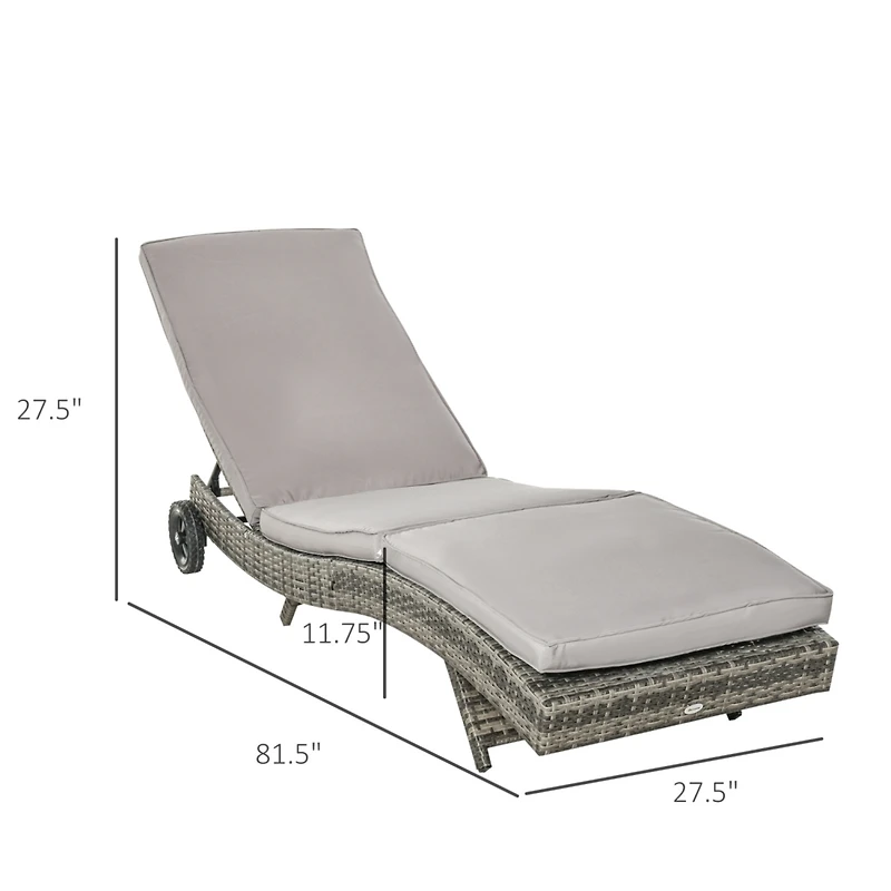 Chaise Lounge Pool Chair, Outdoor Pe Rattan Cushioned Patio Sun Lounger w/ 5-Level Adjustable Backrest & Wheels for Easy Movement, Wicker, Gray