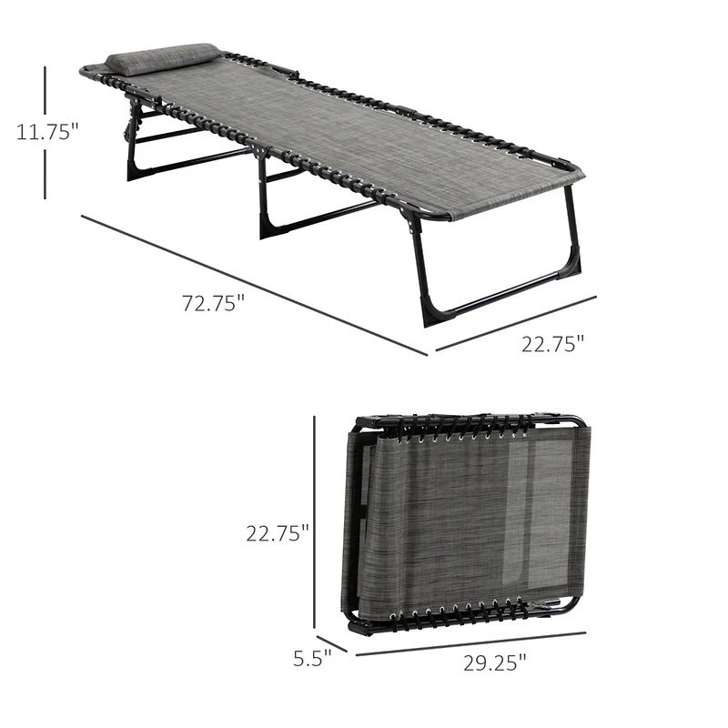 Reclining Chaise Lounge Chair, Portable Sun Lounger, Folding Camping Cot, with Adjustable Backrest and Removable Pillow, for Patio, Garden, Beach, Gre