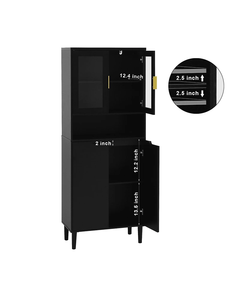 Streamdale Furniture Tall Storage Show Cabinet with 2 Glass Display Door & 2 Doors, Tall Kitchen Pantry Cabinet with Gold Handles, Modern Cabinet Free