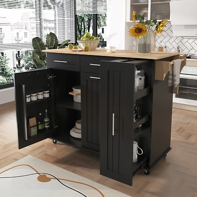 Simplie Fun Kitchen Island with Drop Leaf, Kitchen Storage Cart with 3 Tier Pull Out Cabinet Organizer, Internal Storage Rack, Rolling Kitchen Cart on