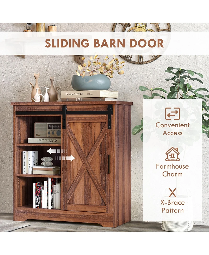 Farmhouse Coffee Bar Cabinet, 33" Buffet Sideboard with Sliding Barn Door and Adjustable Shelf, Kitchen Buffet Cabinet, Brown