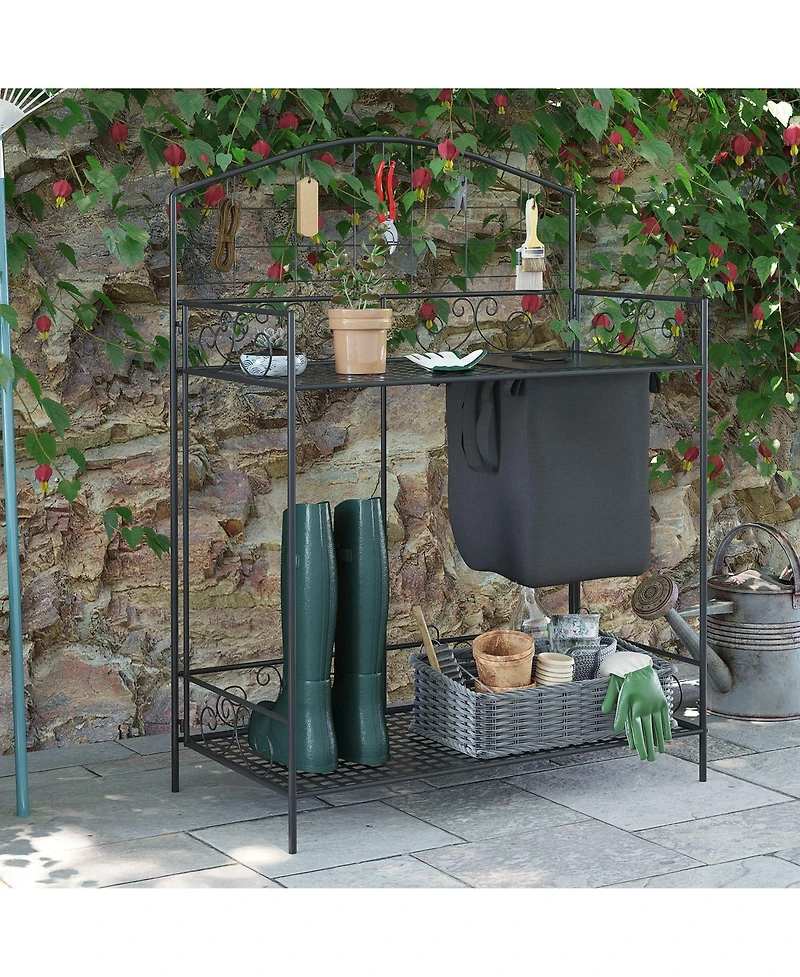 Folding Potting Bench Table, Metal Garden Workstation, Work Bench with Large Build-In Bag with Cover, 5 Hanging Hooks & Storage Shelf, Flourishes