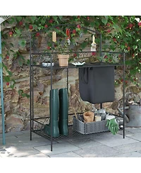 Folding Potting Bench Table, Metal Garden Workstation, Work Bench with Large Build-In Bag with Cover, 5 Hanging Hooks & Storage Shelf, Flourishes