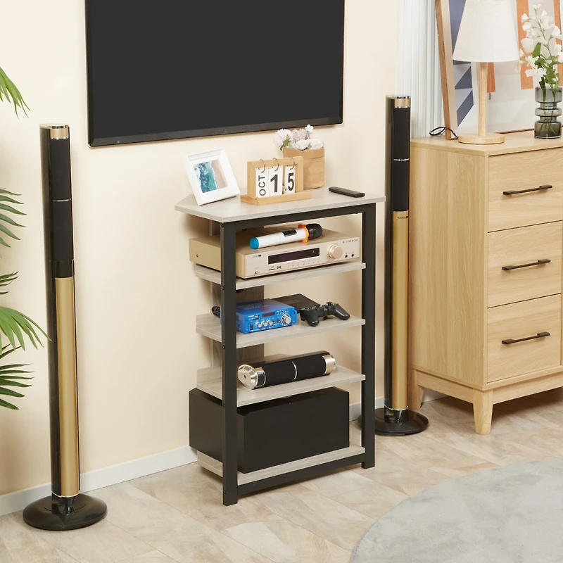 Tv Stand, Av Media Stand, Corner Audio Tower with Storage Shelves and Steel Frame, Living Room Storage, Gray