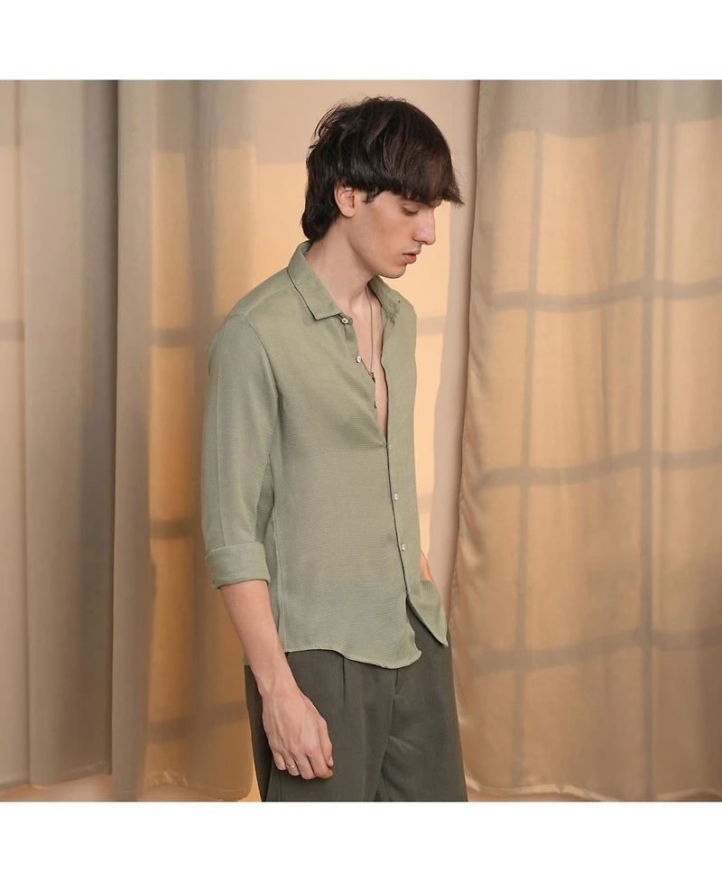 Men's Sage Green Woven-Textured Shirt