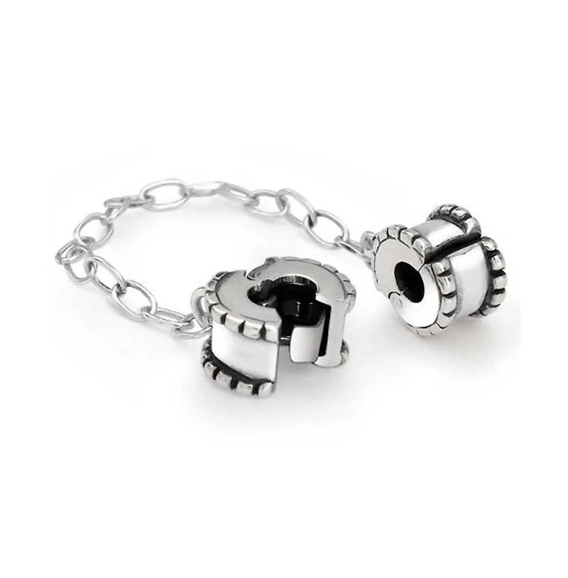 Bling Jewelry Beaded Edge Handcuff Double Safety Chain Spacer Stopper Daisy Flower Charm Bead .925 Sterling Silver Fits European Bracelet