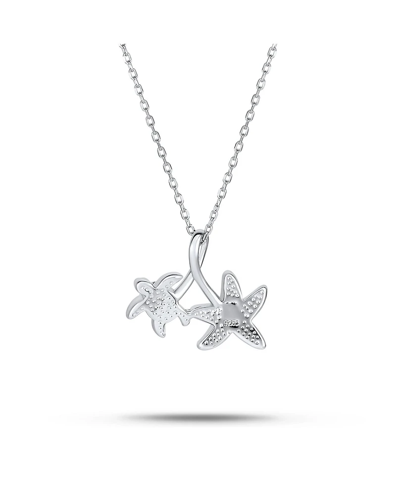 Bling Jewelry Nautical Tropical Beach Vacation Iridescent Blue Created Opal Inlay Sea Turtle Starfish Pendant Necklace .925 Sterling Silver