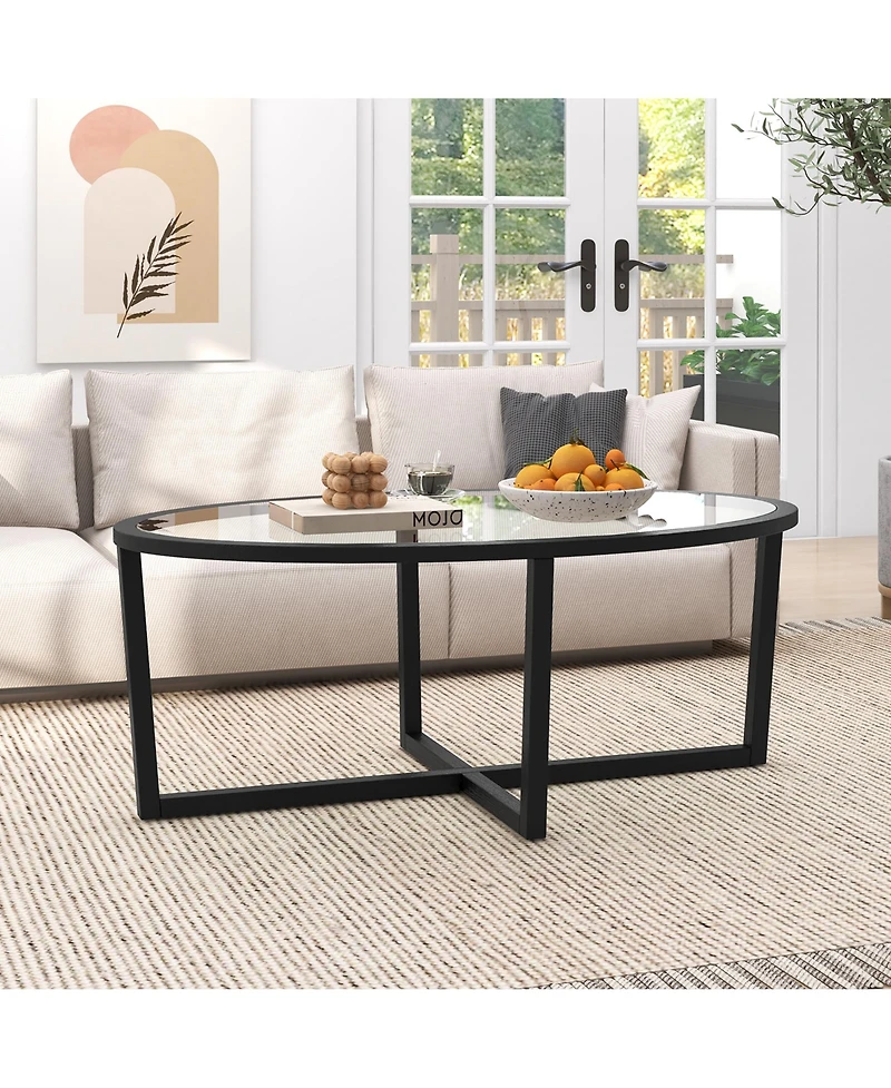 Gymax Modern Glass Coffee Table w/ Cross Base & Acacia Wood Legs for Small Spaces