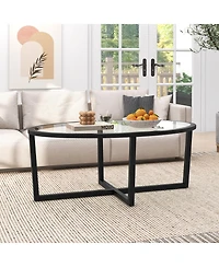Gymax Modern Glass Coffee Table w/ Cross Base & Acacia Wood Legs for Small Spaces