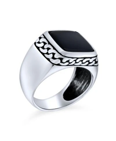 Bling Jewelry Classic Chain Link Accent Black Onyx Square Signet Ring Heavy Oxidized .925 Sterling Silver
