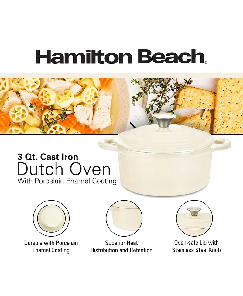 Hamilton Beach Enameled Cast Iron Dutch Oven Gray (3-Quart) | Cream Enamel Coating Pot with Lid Even Heat Distr