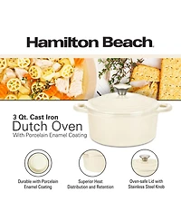 Hamilton Beach Enameled Cast Iron Dutch Oven Gray (3-Quart) | Cream Enamel Coating Pot with Lid Even Heat Distr