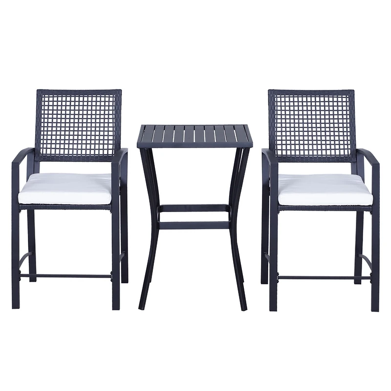 3pcs Patio Bar Set with Soft Cushion, Rattan Wicker Outdoor Furniture Set for Backyards, Lawn, Deck, Poolside