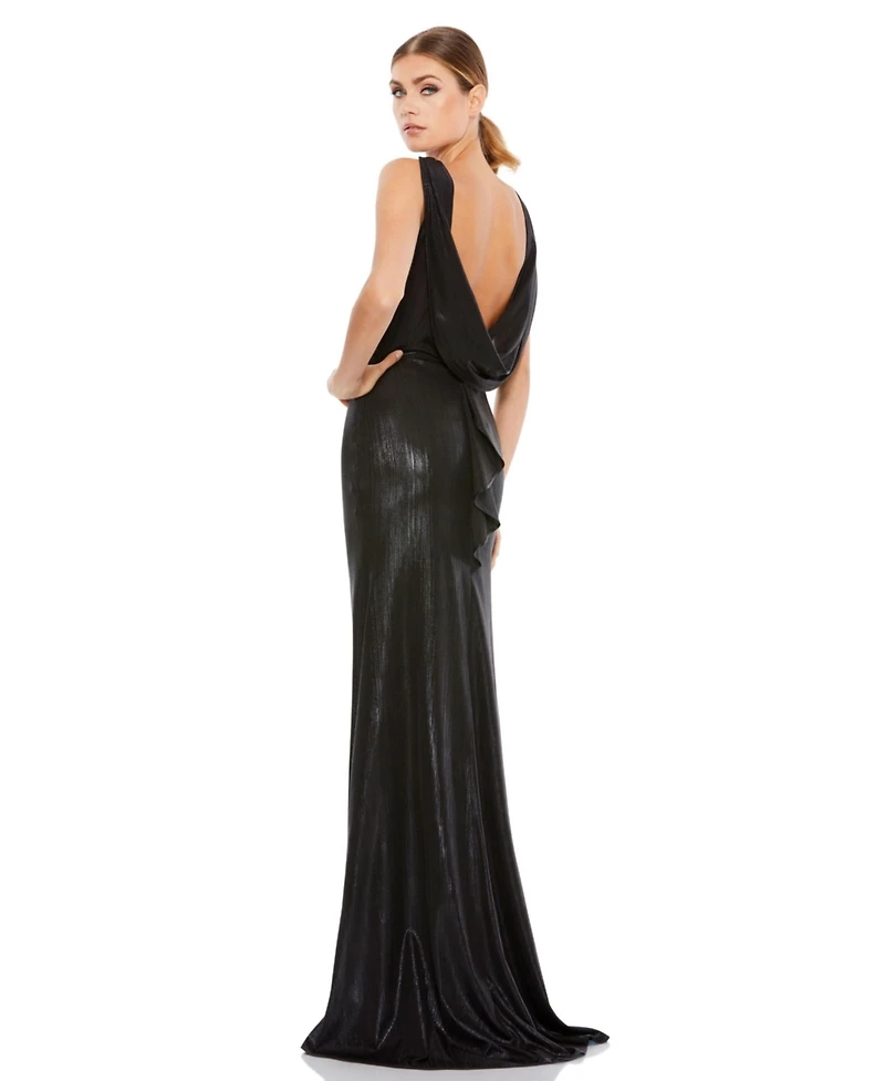 Women's Metallic Cowl Back Column Gown