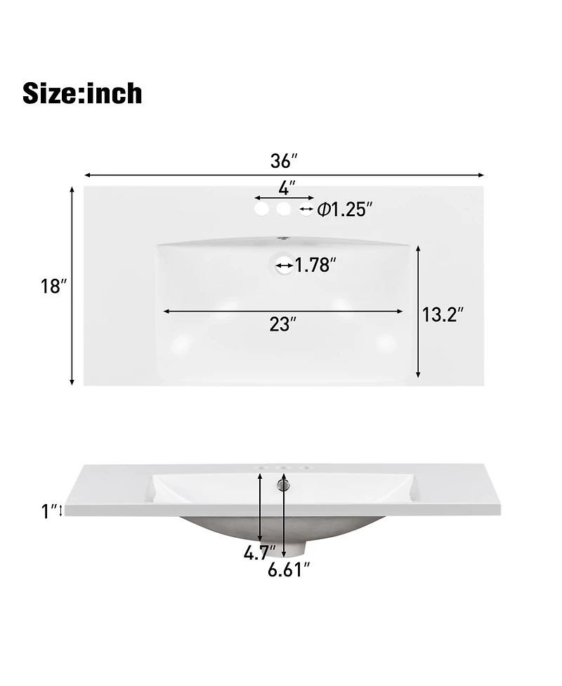36" Single Bathroom Basin Sink, Vanity Top Only, 3-Faucet Holes, Resin